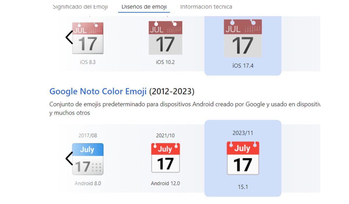 La mayoría de emojis de calendario tienen la fecha 17 de julio. (Emojipedia)