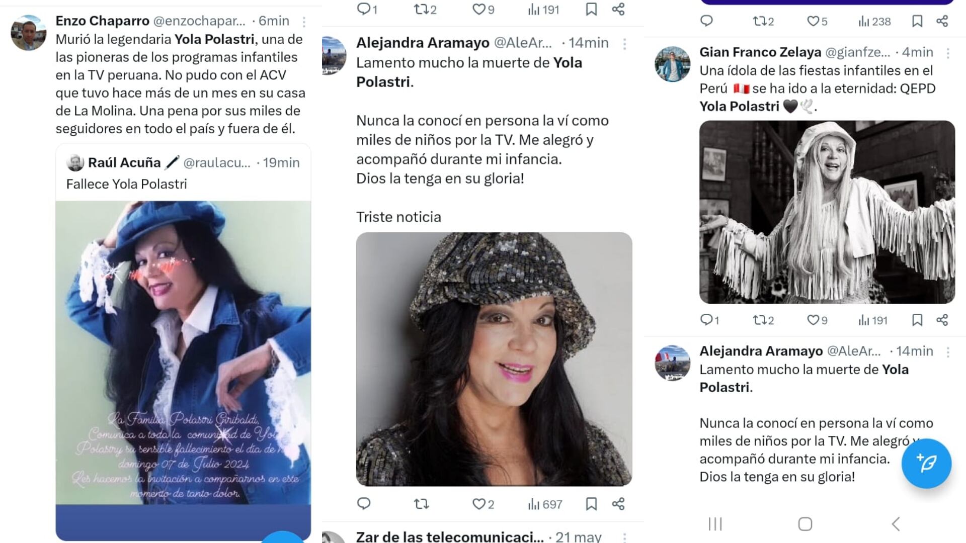 Usuarios de las redes sociales lamentan la partida de Yola Polastri. Twitter