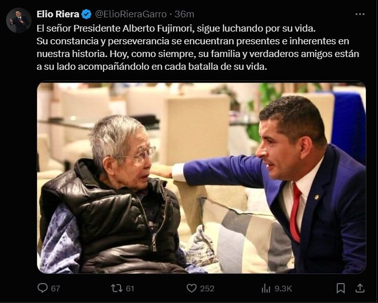 El abogado del expresidente Fujimori aseguró que su representado sigue luchando por su vida y es acompañado por su familia. (Fuente: X/ @ElioRieraGarro)