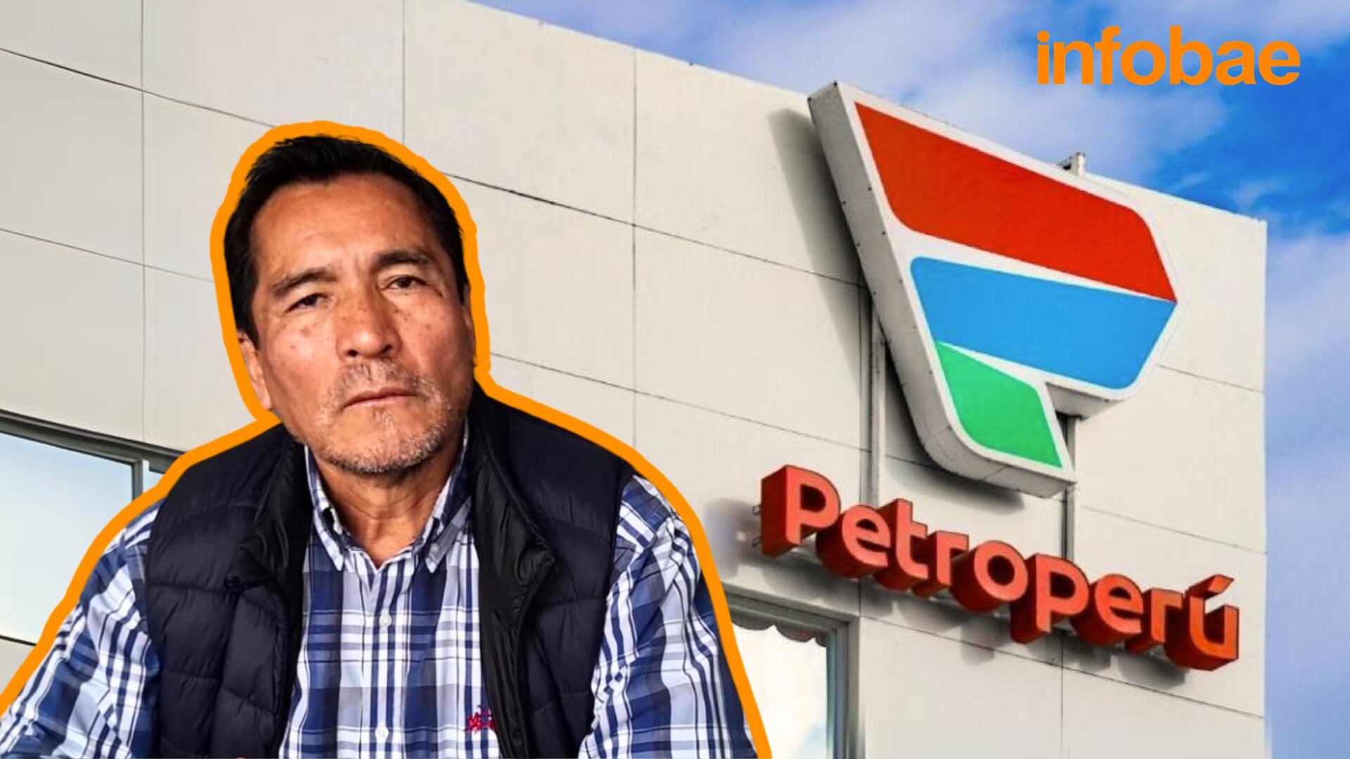 Fotocomposición. En primer plano Alejandro Narváez y al fono la fachada con el logo de Petroperú.