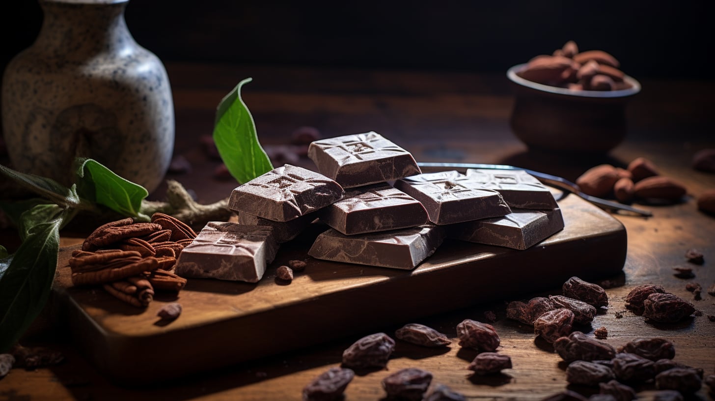 Barra de chocolate entera con granos de cacao en composición cálida de producto. (Imagen ilustrativa Infobae)
