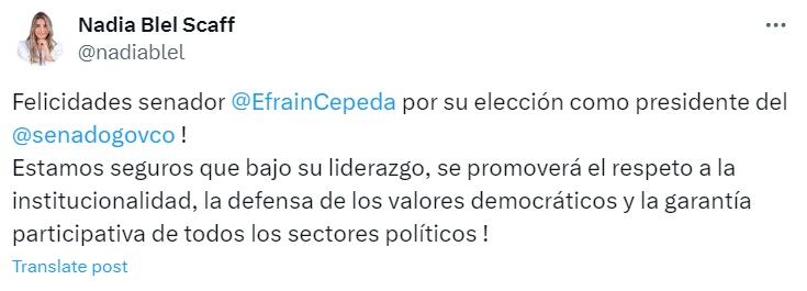 La bancada conservadora celebró la llegada de Cepeda al alto cargo en el legislativo - crédito @nadiablel/X