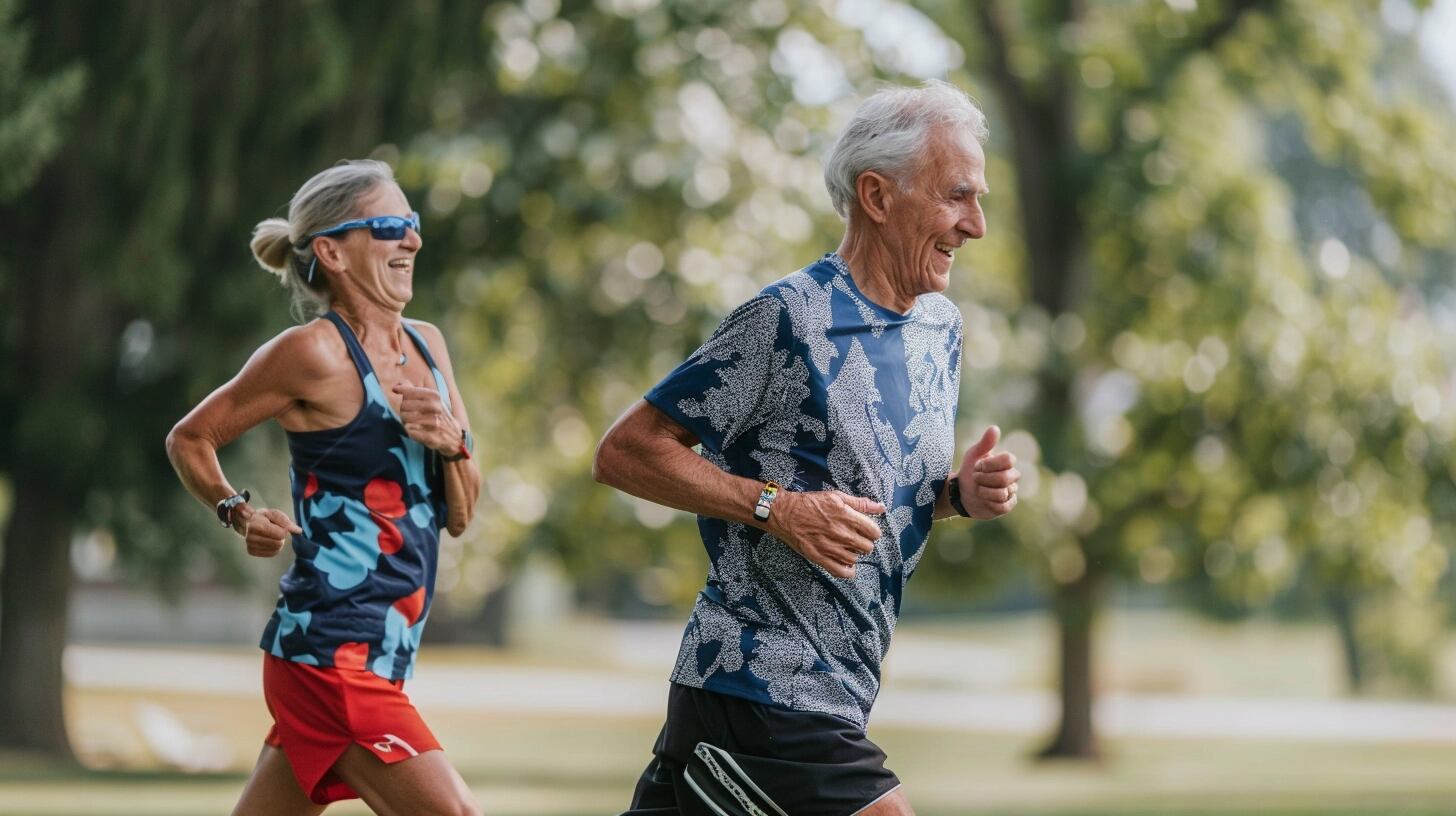 Pareja de ancianos activos disfrutando de una sesión de trote en un entorno verde y natural, evidenciando su compromiso con un estilo de vida saludable y la actividad física regular. Su elección de correr como parte de su rutina diaria subraya la conexión entre el bienestar físico y la longevidad, resaltando la importancia de mantenerse en forma y cuidarse mutuamente en la tercera edad. (Imagen ilustrativa Infobae)