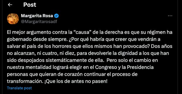 Margarita Rosa de Francisco se fue en contra de la derecha colombiana - crédito @Margaritarosadf