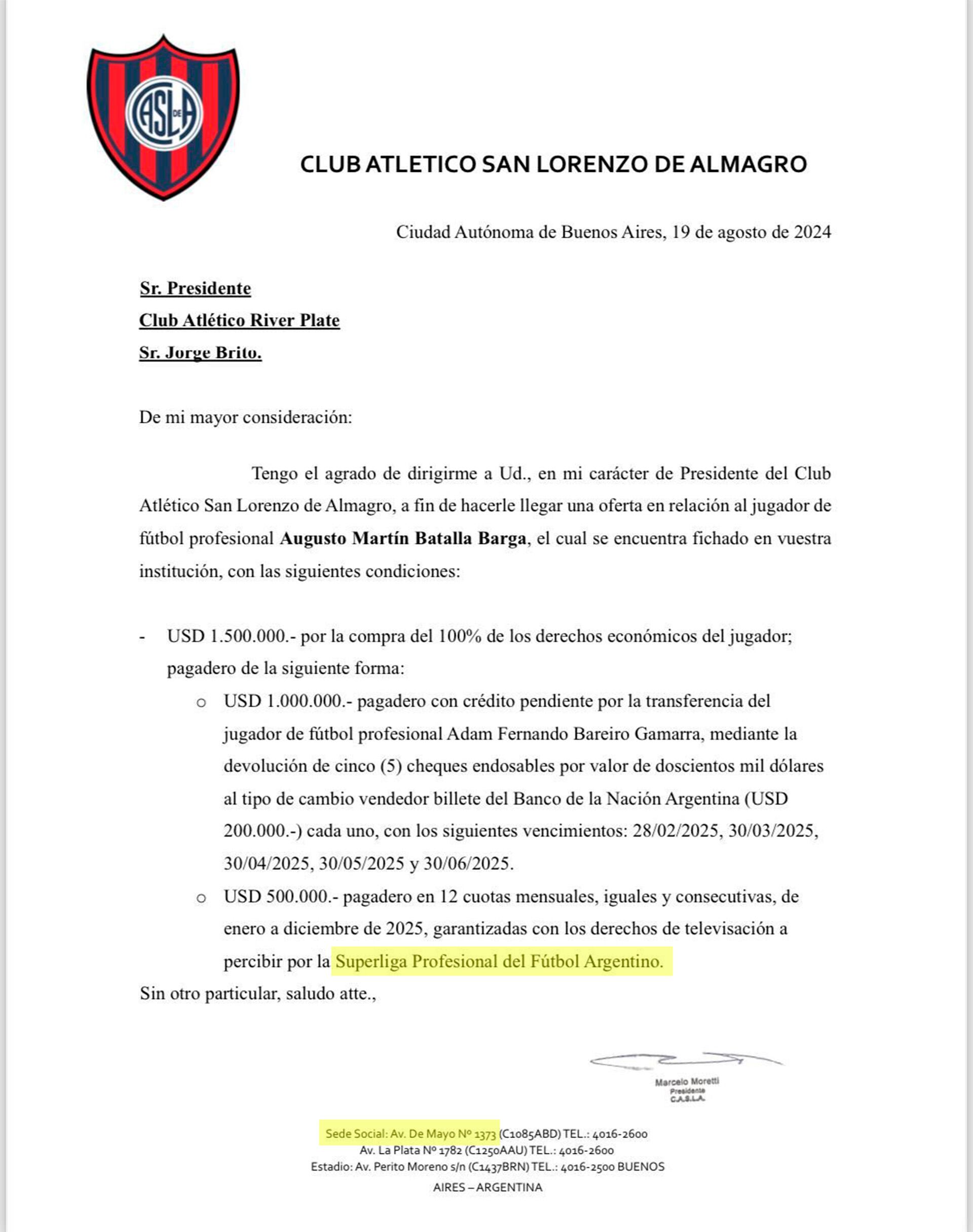 La oferta de San Lorenzo a River