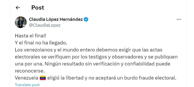 Claudia López calificó los resultados de las elecciones en Venezuela como un " burdo fraude electoral" - crédito @ClaudiaLopez