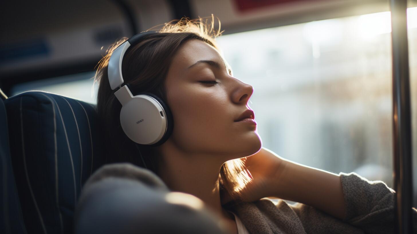 Mujer en transporte público, escuchando música con auriculares y disfrutando del viaje. Su expresión refleja serenidad y placer en medio del ajetreo urbano. (Imagen ilustrativa Infobae)