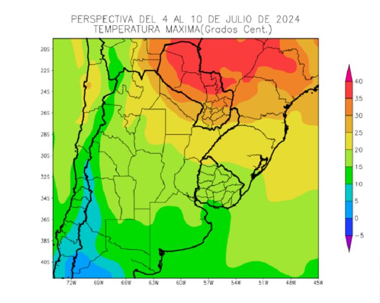 Temperaturas máximas previstas para el área agrícola argentina