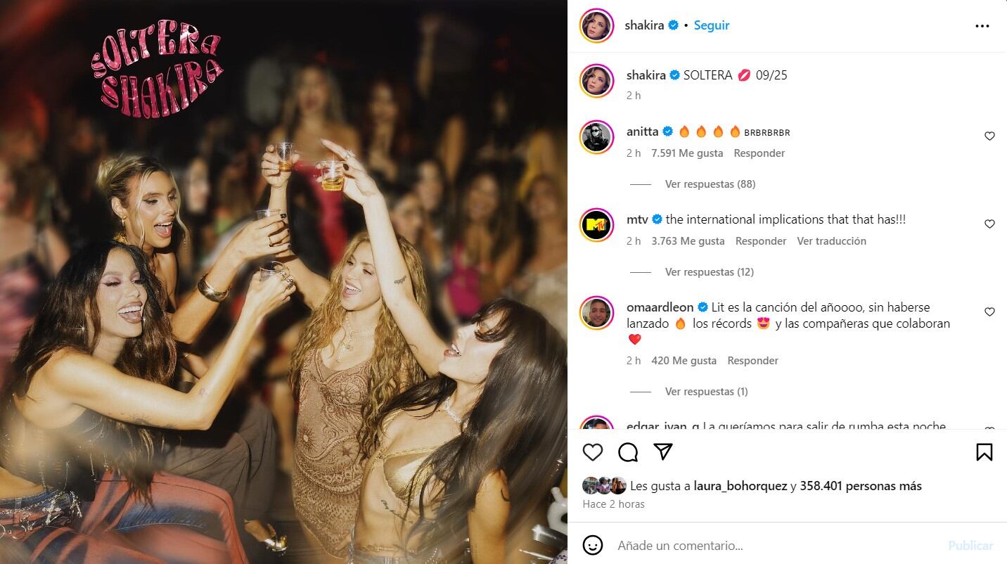 Shakira reveló la portada de "Soltera", acompañada de Lele Pons, Anitta y María Becerra - crédito @shakira/Instagram