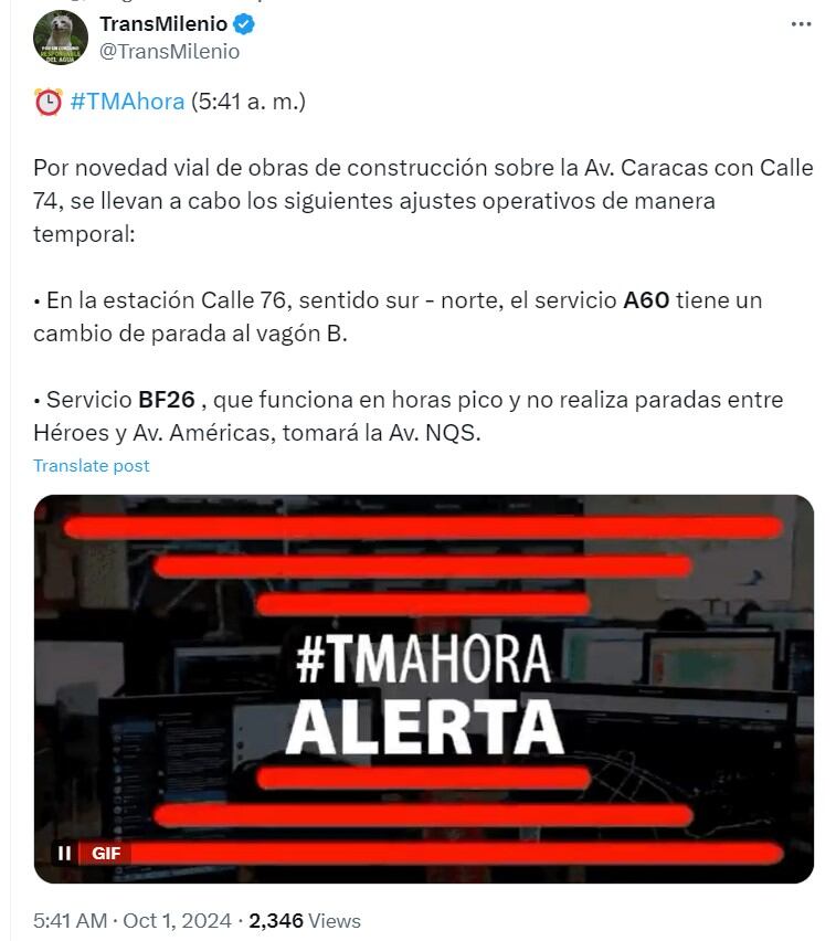 Los ajustes en los servicios se dan por las obras que se adelantan por este corredor vial - crédito @TransMilenio/X