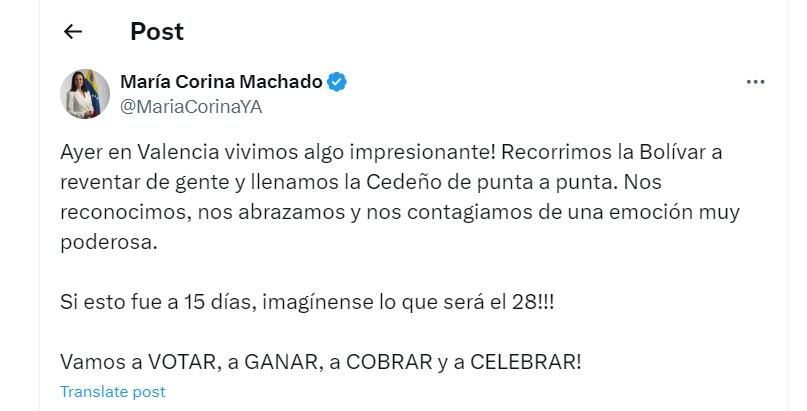 María Corina Machado habla de las elecciones en Venezuela en su cuenta de X - crédito @MariaCorinaYA