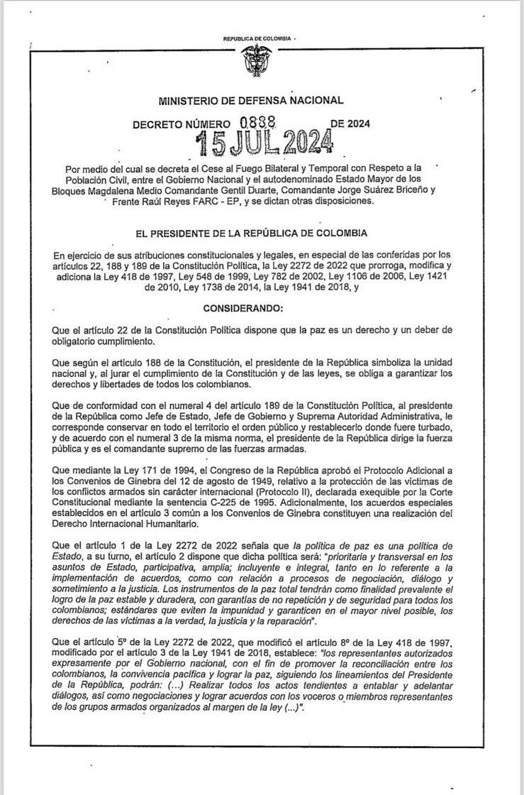 A excepción de los grupos liderados por alias Calarcá, el cese al fuego contra las estructuras de Iván Mordisco quedan finalizados, advirtió Mindefensa - crédito @UltimaHoraCR/X