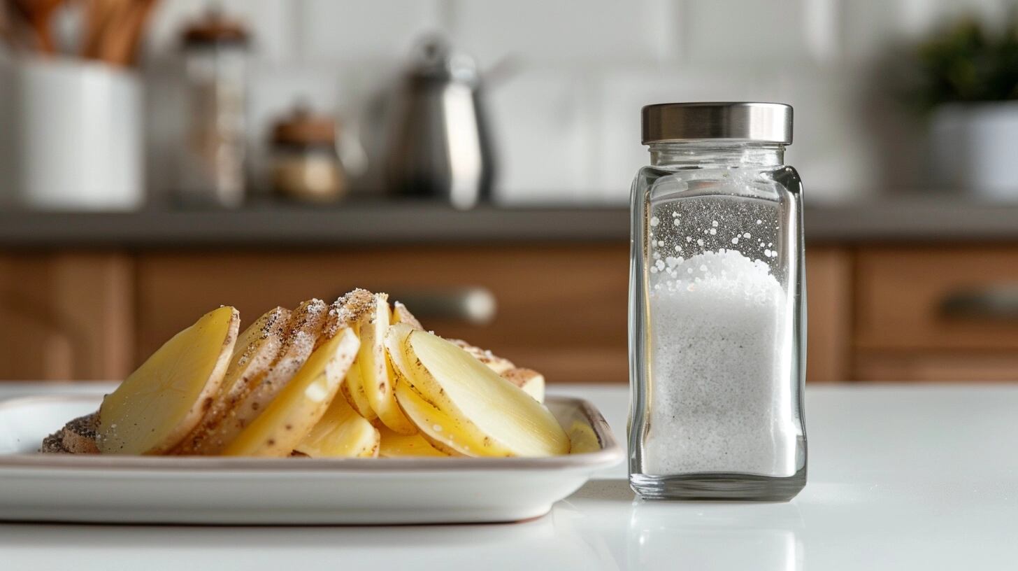 Sal fina y rodajas de papa preparadas en la encimera, listas para cocinar, ilustran los elementos básicos de la cocina saludable. Estos productos, esenciales para la dieta, enfatizan el valor de la simplicidad en la preparación de alimentos nutritivos y accesibles. Palabras clave: cocina saludable, dieta, elementos básicos, preparación de alimentos, productos esenciales, simplicidad, alimentos nutritivos, accesibilidad, sal y papa, valor nutricional. (Imagen ilustrativa Infobae)