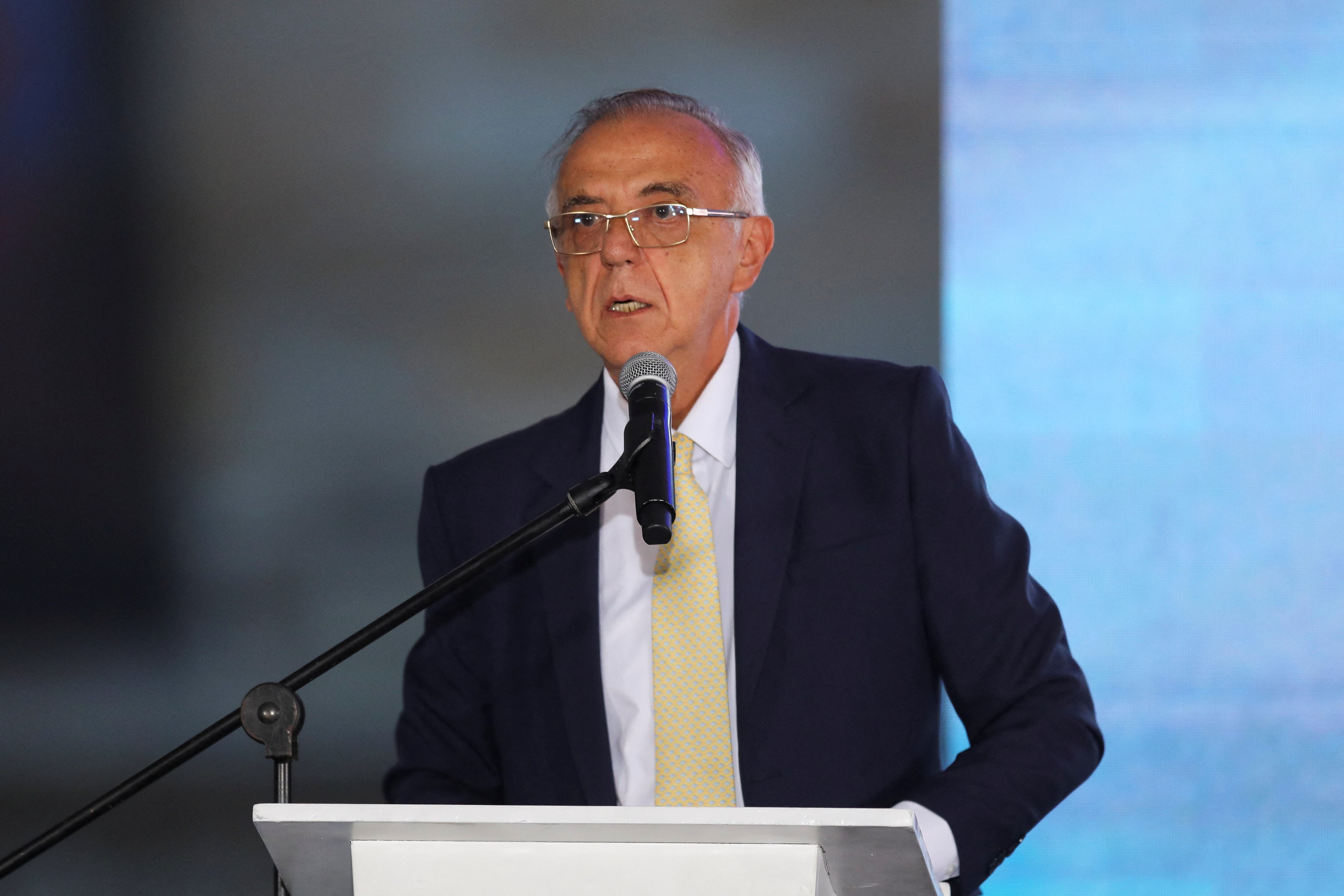 Colombian Defense Minister Ivan Velasquez speaks during an act of public apology for extrajudicial executions in Bogota and Soacha perpetrated by the armed forces, in Bogota, Colombia October 3, 2023. REUTERS/Luisa Gonzalez