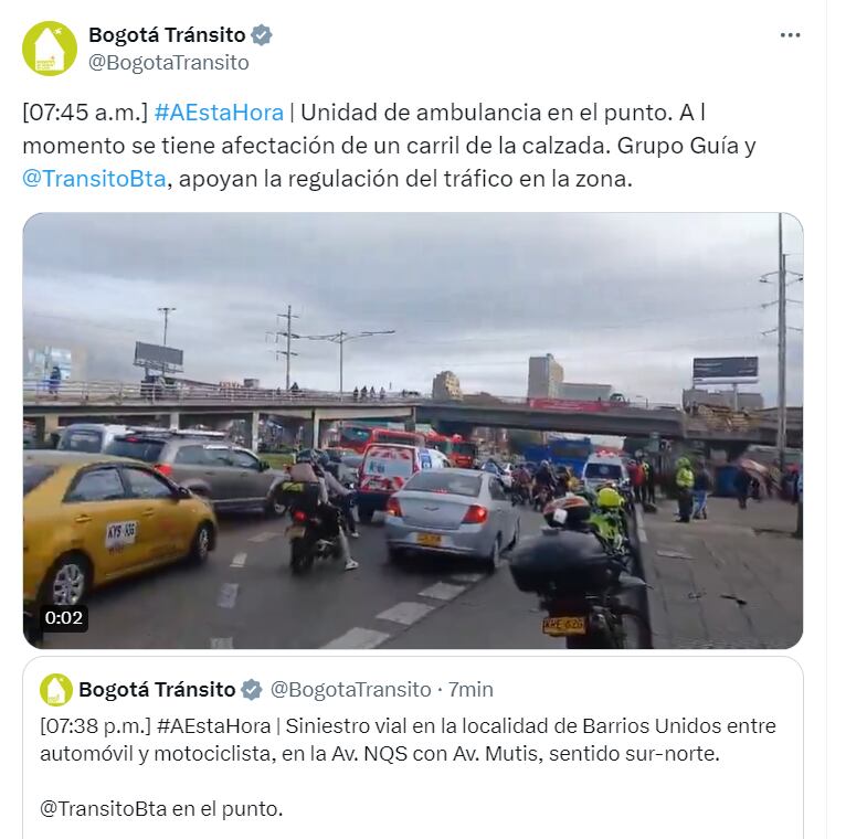 Las autoridades se encuentran atendiendo la emergencia para no restablecer lo más pronto el paso vehicular en el punto - crédito @BogotaTransito/X