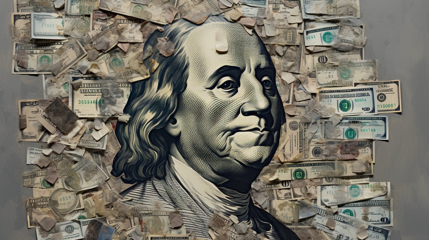 Collage abstracto con el busto de Benjamin Franklin, representando el conflicto con el dólar. Economía, inflación, política. (Imagen ilustrativa Infobae)