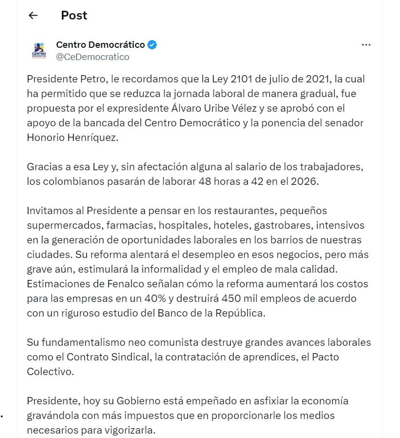 Centro Democrático le respondió al presidente Petro en su cuenta de X - crédito @CeDemocratico