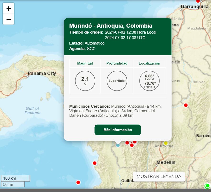 Sismo en Murindó, Antioquia - crédito SGC