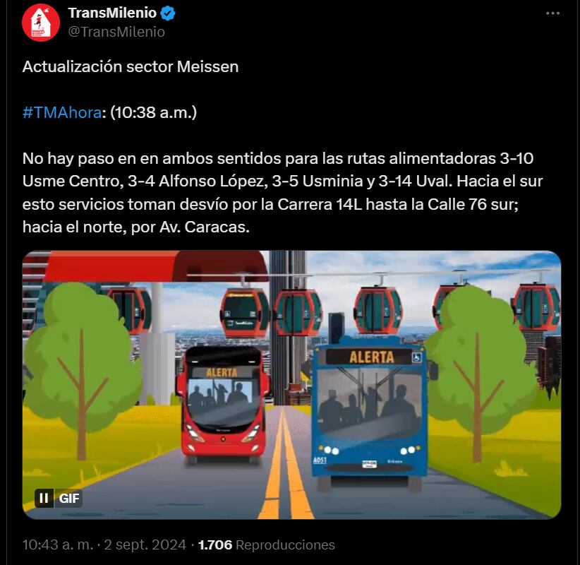 Las rutas alimentadoras del portal Usme de TransMilenio presentan desvíos por bloqueo de transportadores - crédito red social X