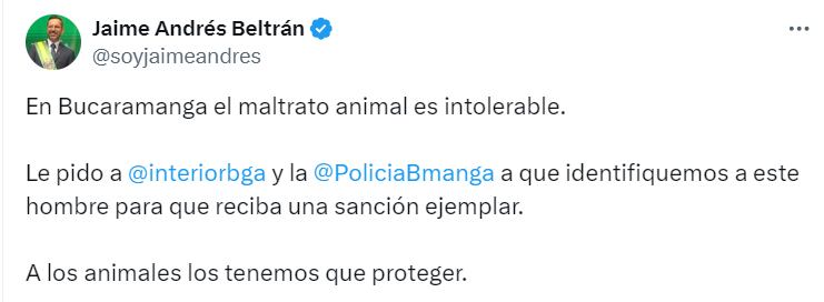 Jaime Andrés Beltrán condena el ataque a un perro y solicita la identificación del agresor - crédito @soyjaimeandres / X