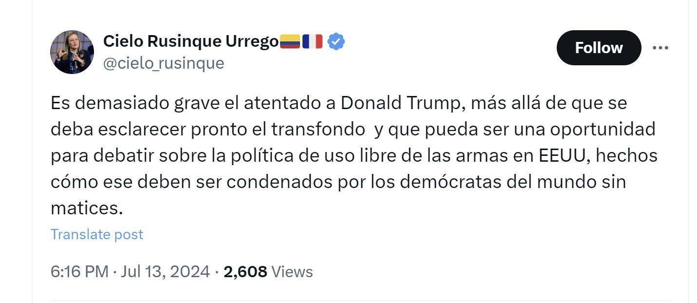 Cielo Rusinque condenó el “atentado” a Donald Trump - crédito @cielo_rusinque/X