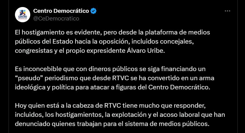 Pronunciamiento del Centro Democrático por la denuncia de Hollman Morris por supuesto hostigamiento - crédito @CeDemocratico/X