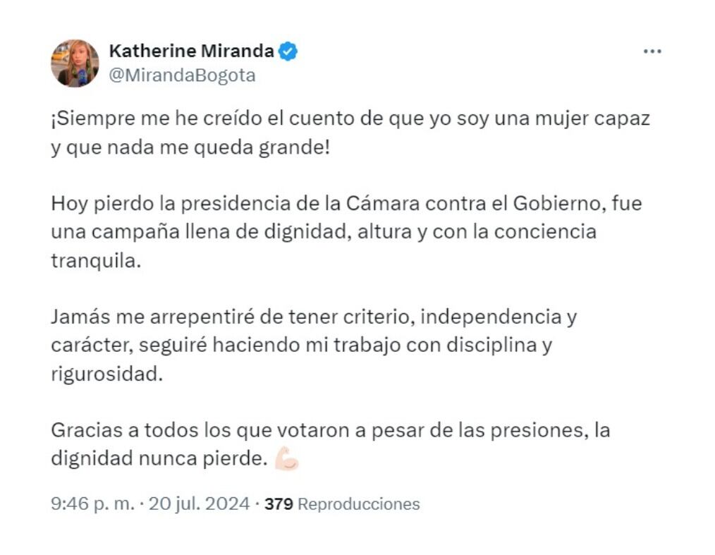 Katherine Miranda reconoció su derrota en la lucha por la presidencia de la Cámara