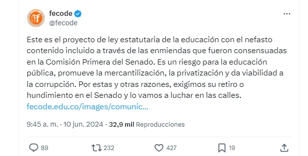 Fecode critica las enmiendas al proyecto de ley estatutaria de la educación - @fecode/X