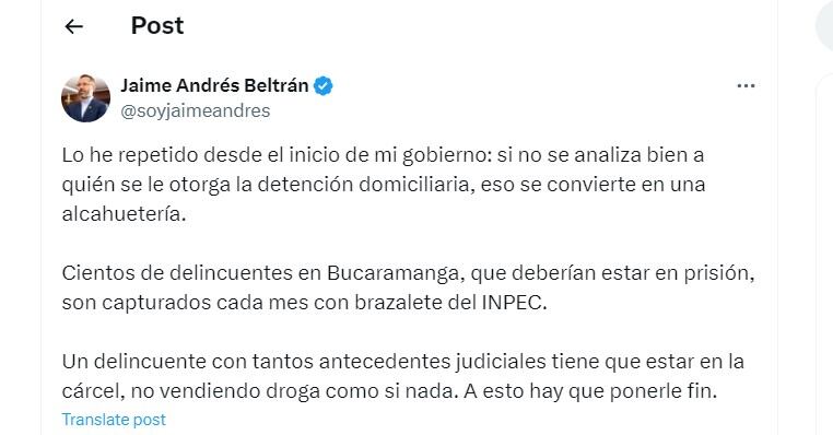 Jaime Andrés Beltrán habló de hombre que fue asesinado y estaba en detención domiciliaria - crédito @soyjaimeandres