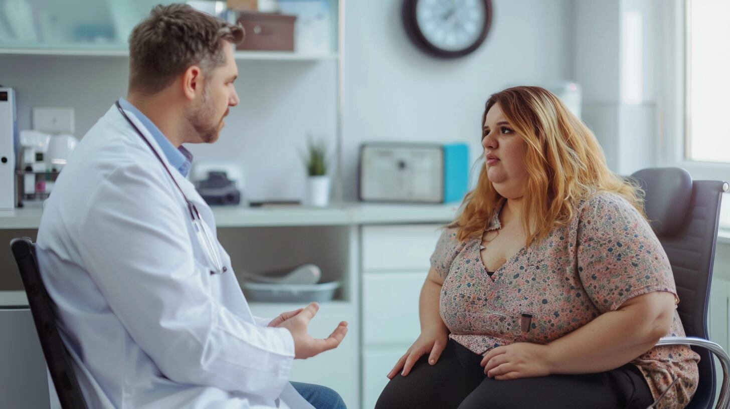 Una mujer con sobrepeso se encuentra en una consulta médica, buscando asesoramiento sobre su salud, cuidado, nutrición y alimentación. La imagen muestra a una mujer sentada frente a un médico, con una expresión de preocupación en su rostro. La obesidad es un problema de salud que afecta a muchas personas y requiere atención médica y cambios en los hábitos alimenticios y de estilo de vida. (Imagen ilustrativa Infobae)