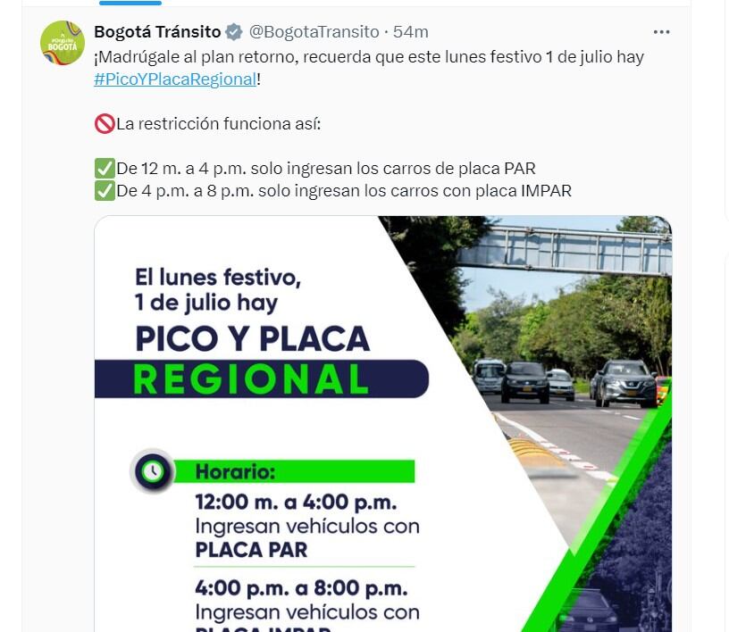 Bogotá Tránsito explica el funcionamiento del Pico y placa regional - crédito @BogotaTransito