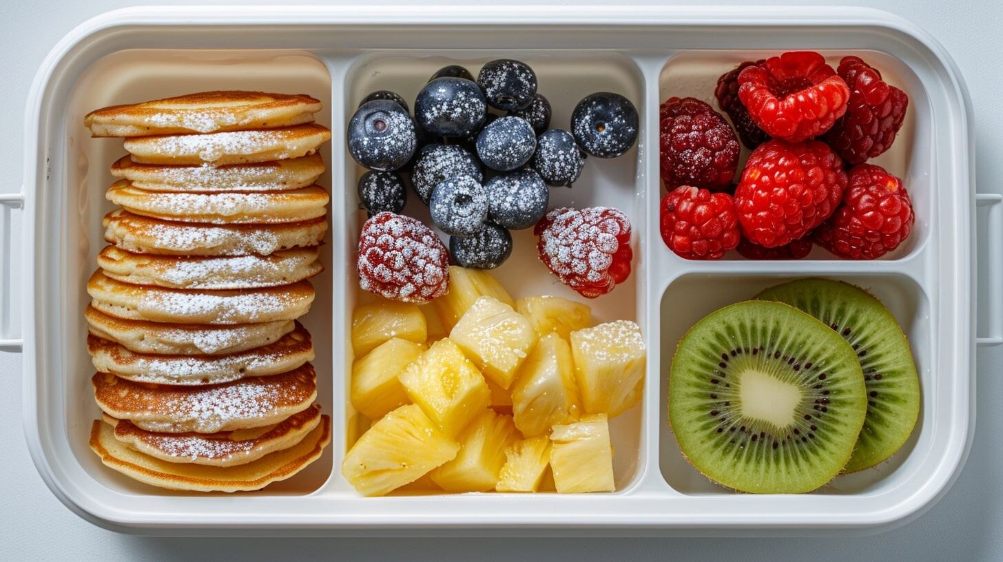 Receta saludable para niños en un tupper o lonchera, acompañada de frutas. Hot cakes de avena, desayuno nutritivo, fácil de preparar y delicioso. - (Imagen Ilustrativa Infobae)