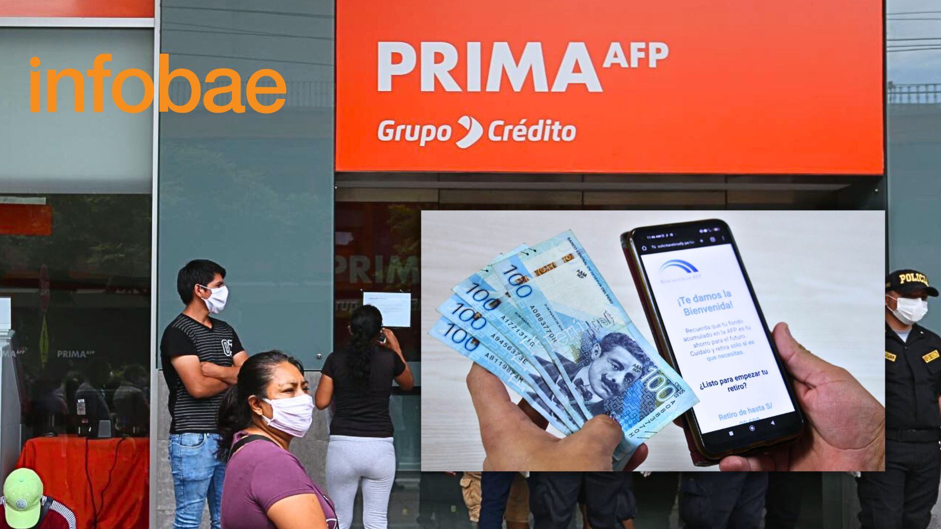 Mano con billetes de 100 soles y celular con página para pedir AFP y fachada de Prima AFP con personas de fondo