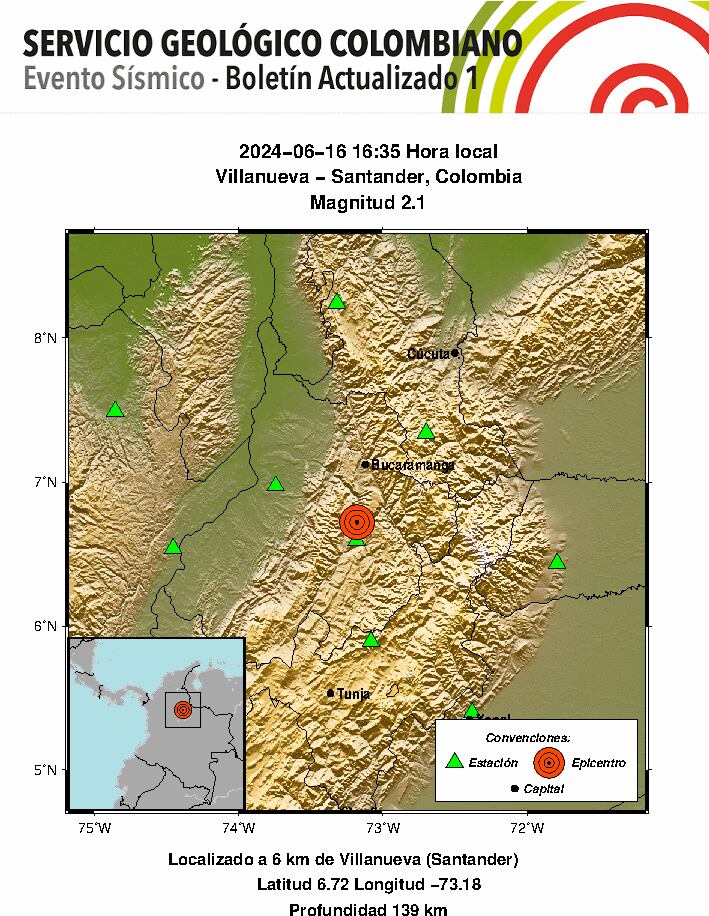 El sismo registrado en Villanueva fue leve por lo que no se generaron repercusiones - crédito SGC