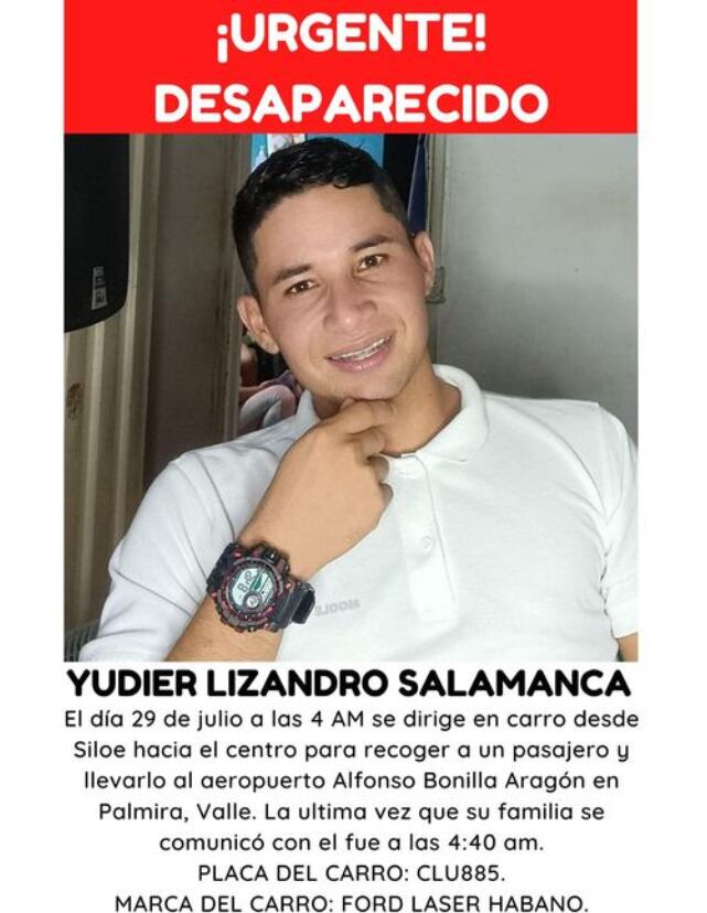 Con este aviso que se difundió a través de redes sociales y grupos de mensajería instantánea, la familia de Yudier Lizandro Salamanca tenía la esperanza de hallarlo con vida - crédito Facebook