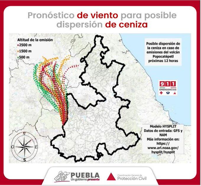 Mapa de Protección Civil de Puebla que muestra la dirección que podrían tomar las emisiones del volcán Popocatépetl este jueves 11 de julio.