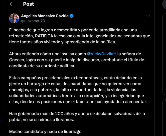 Angélica Monsalve arremetió en contra de María Fernanda Cabal y Vicky Davila - crédito @alazamo123