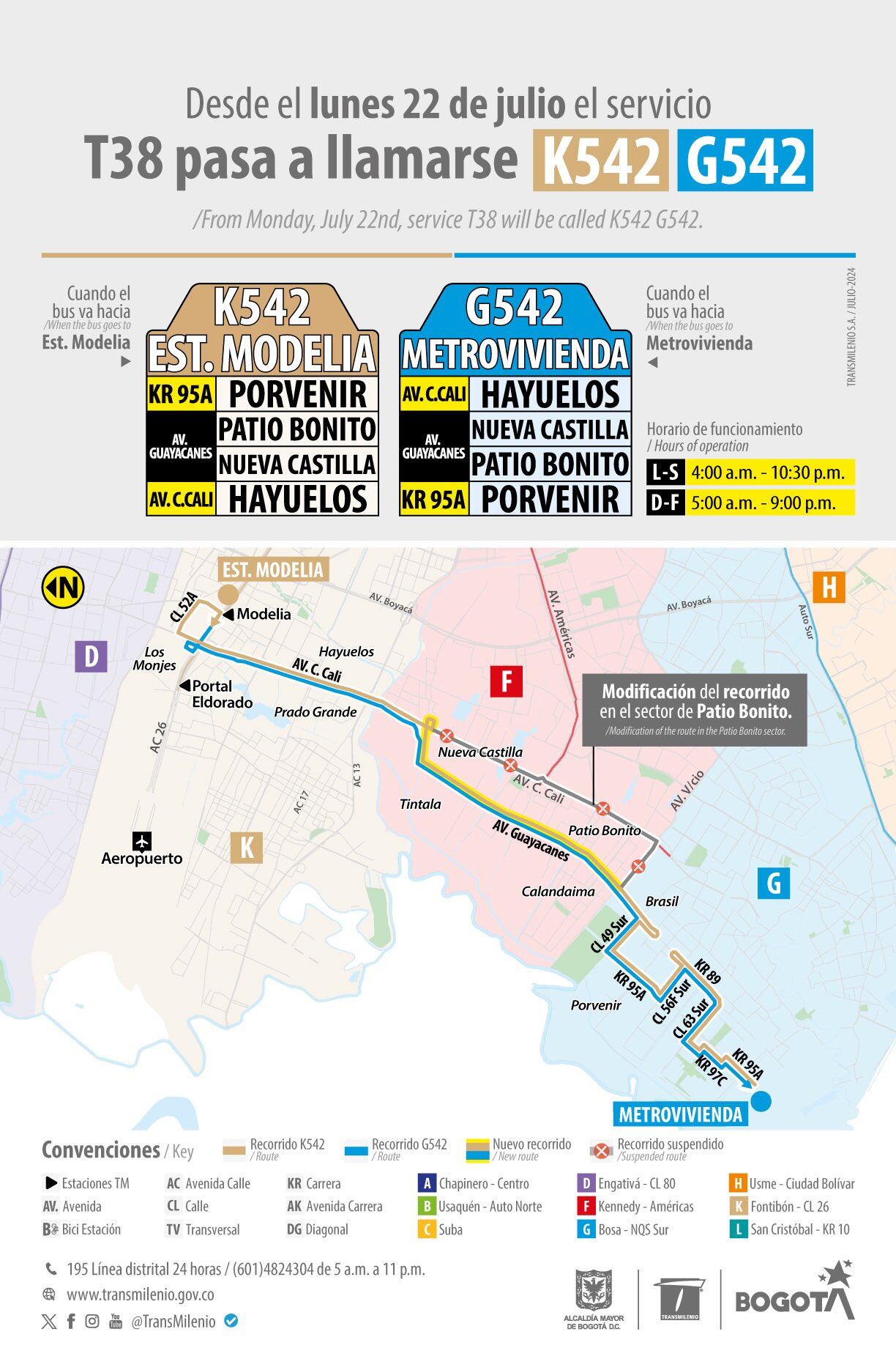 La Ruta T38 pasa a llamarse K543 (Estación Modelia) y G543 (Metrovivienda)