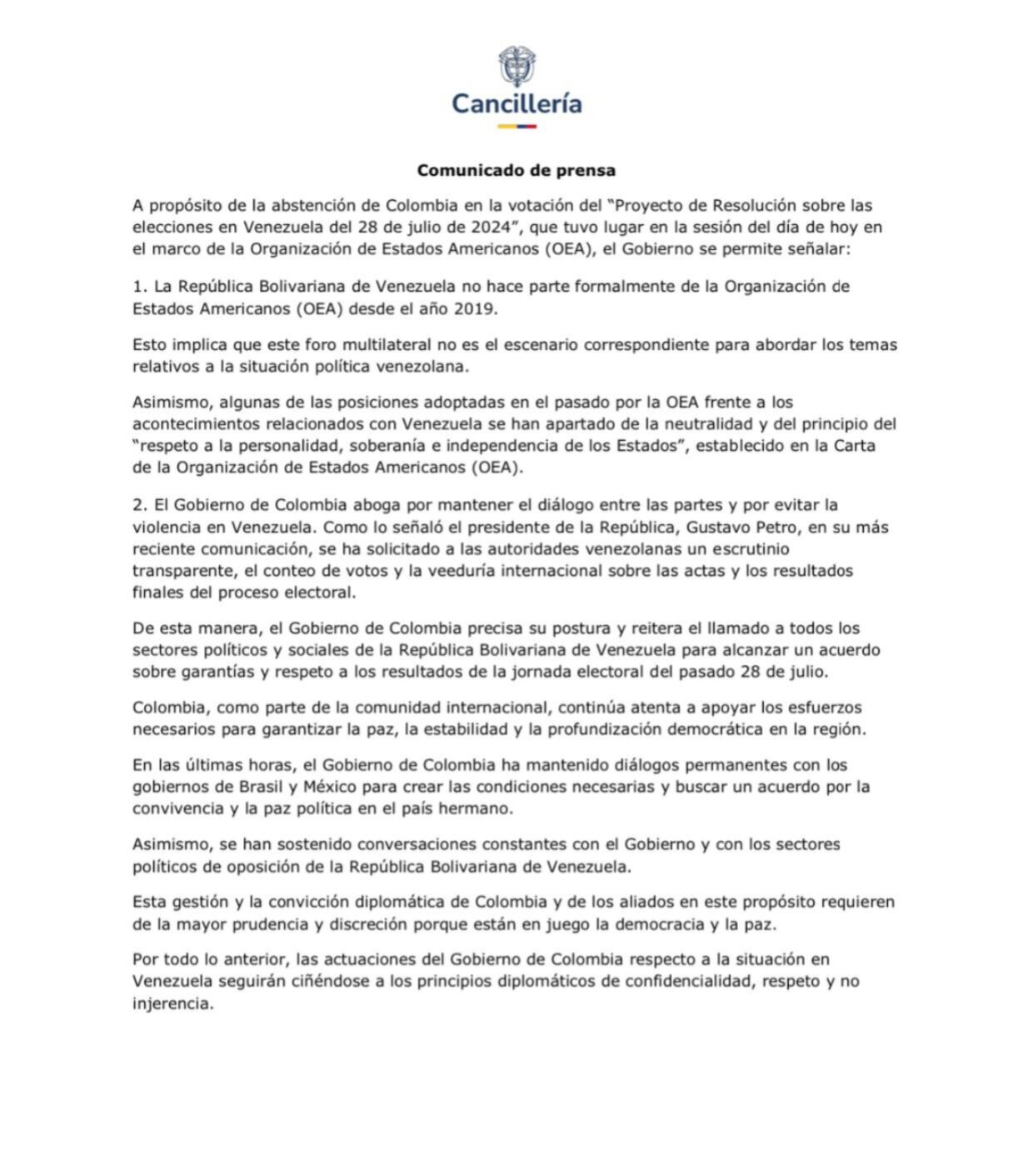 Cancillería sobre la postura de Colombia ante la OEA