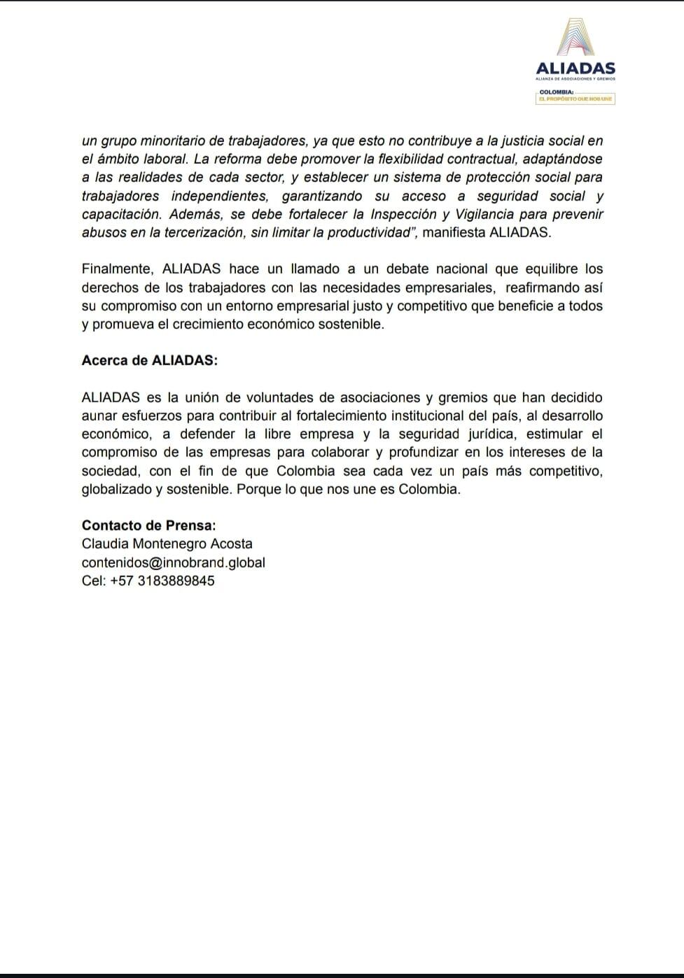 Los gremios empresariales piden a los congresistas durante los debates de la reforma laboral buscar alternativas que promuevan la productividad empresarial en Colombia - crédito Aliadas