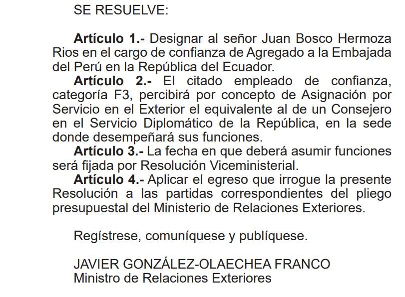 Resolución de la Cancillería del 22 de agosto donde nombra como agregado en la Embajada de Colombia a Juan Hermoza Ríos.