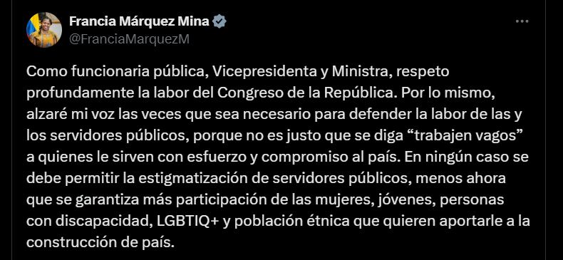 Vicepresidenta Francia Márquez sobre el correo rebotado - crédito @FranciaMarquezM/X