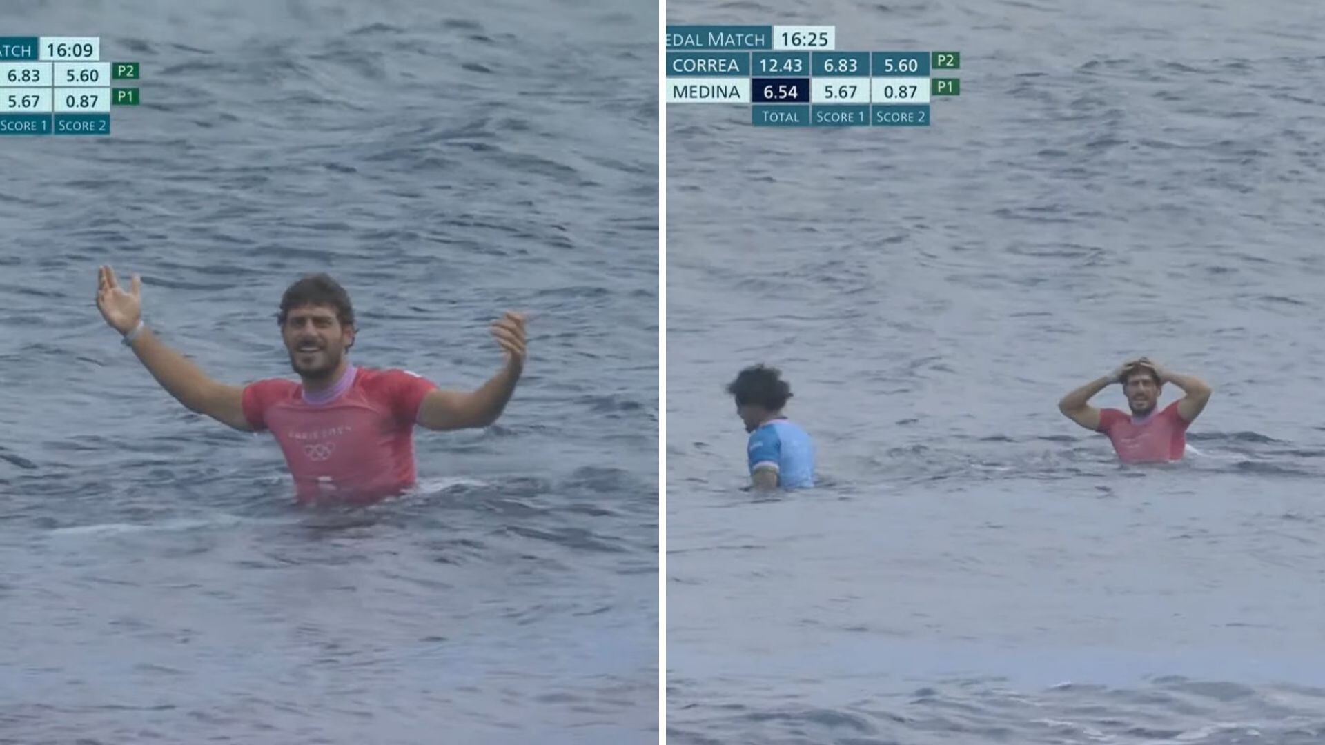 Alonso Correa y su reacción tras perder la prioridad ante Gabriel Medina en la prueba por la medalla de bronce en los Juegos Olímpicos 2024.