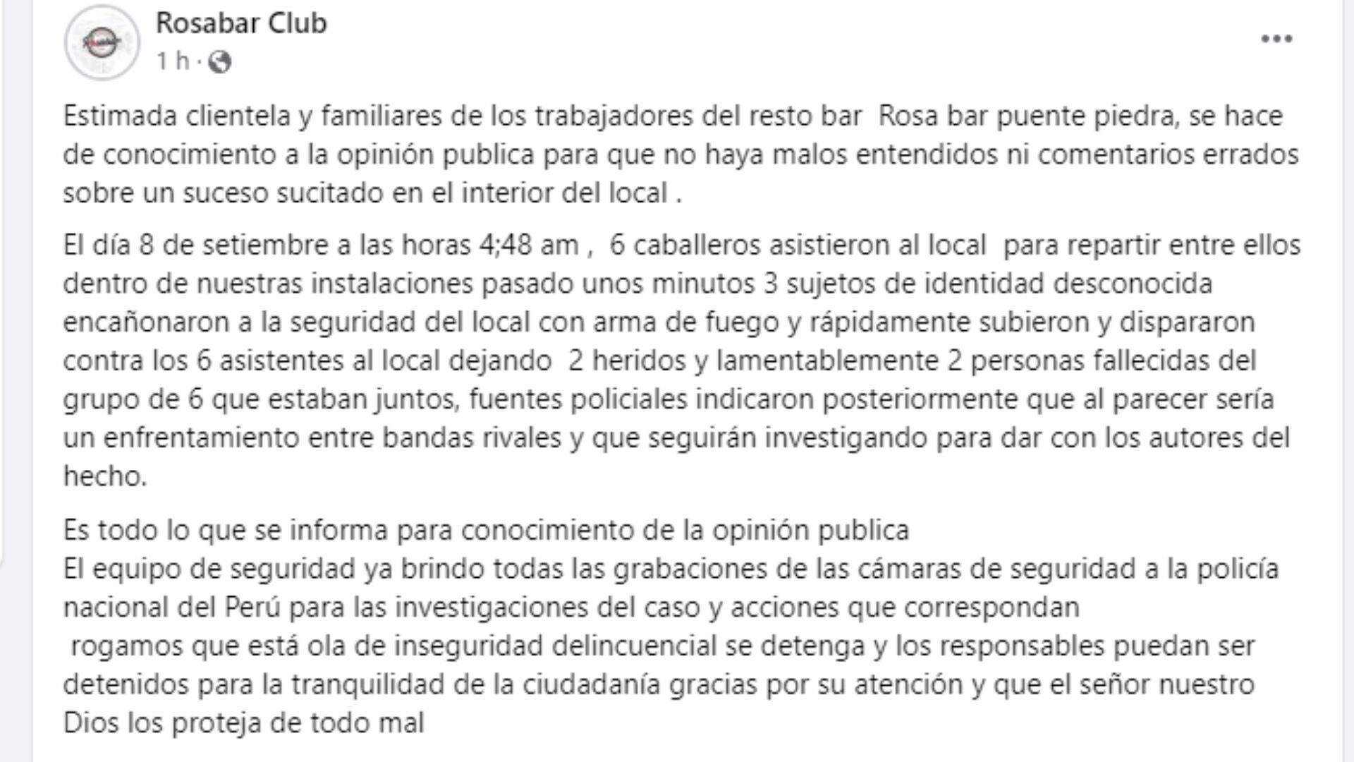 El restobar emitió un comunicado a la opinión pública.