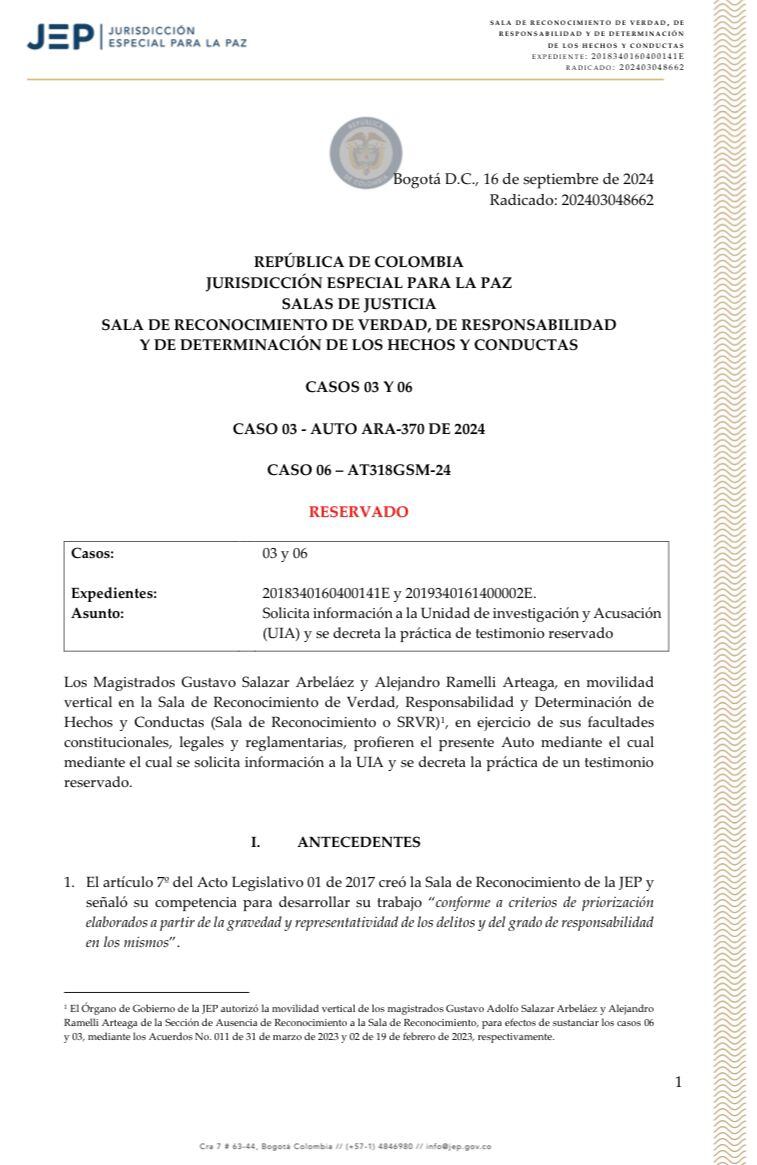 La JEP solicitó información a la Unidad de Investigación y Acusación (UIA) y decretó la práctica de un testimonio reservado para profundizar en la investigación - crédito JEP