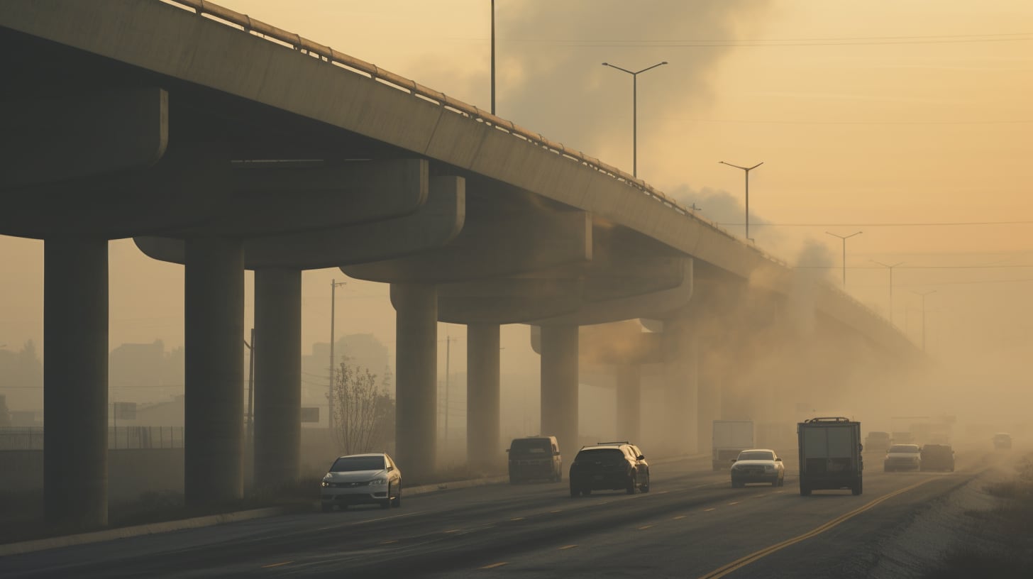 Autos circulando en una autopista cubierta de smog de color amarillento (Imagen ilustrativa Infobae)