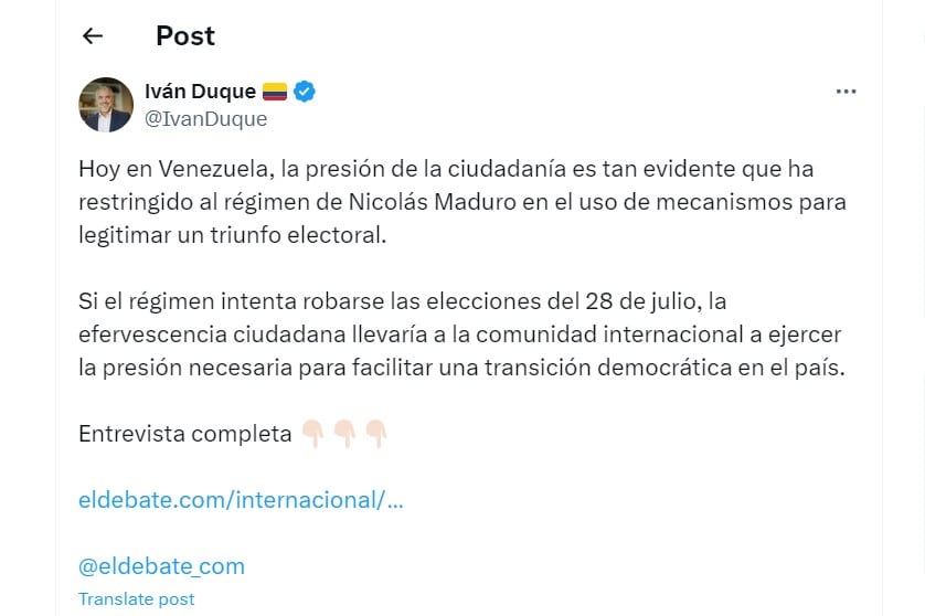 Iván Duque  habló de las elecciones en Venezuela - crédito @IvanDuque