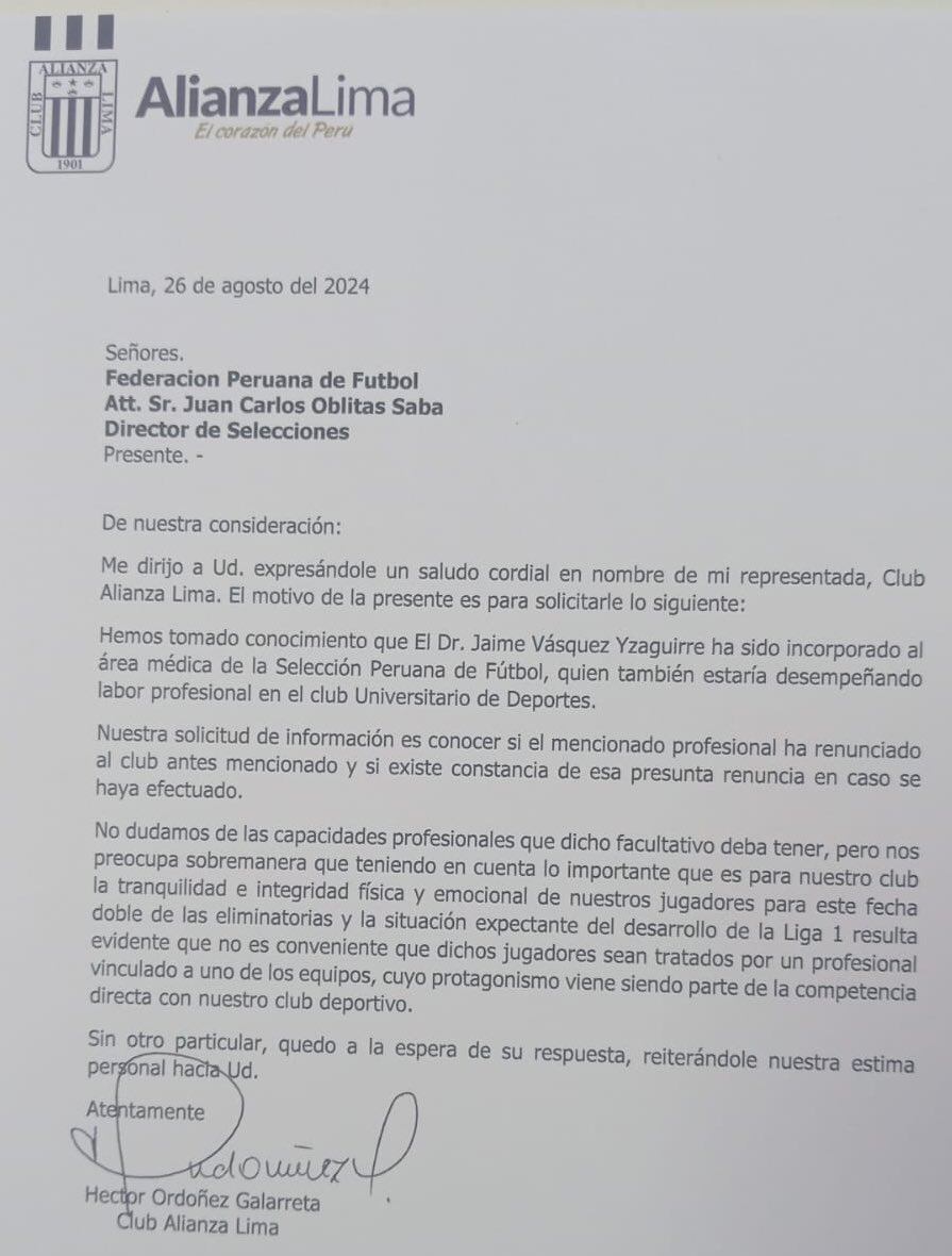 Alianza Lima envió carta a la Federación Peruana de Fútbol en torno a contratación de médico de Universitario. - créditos: Twitter