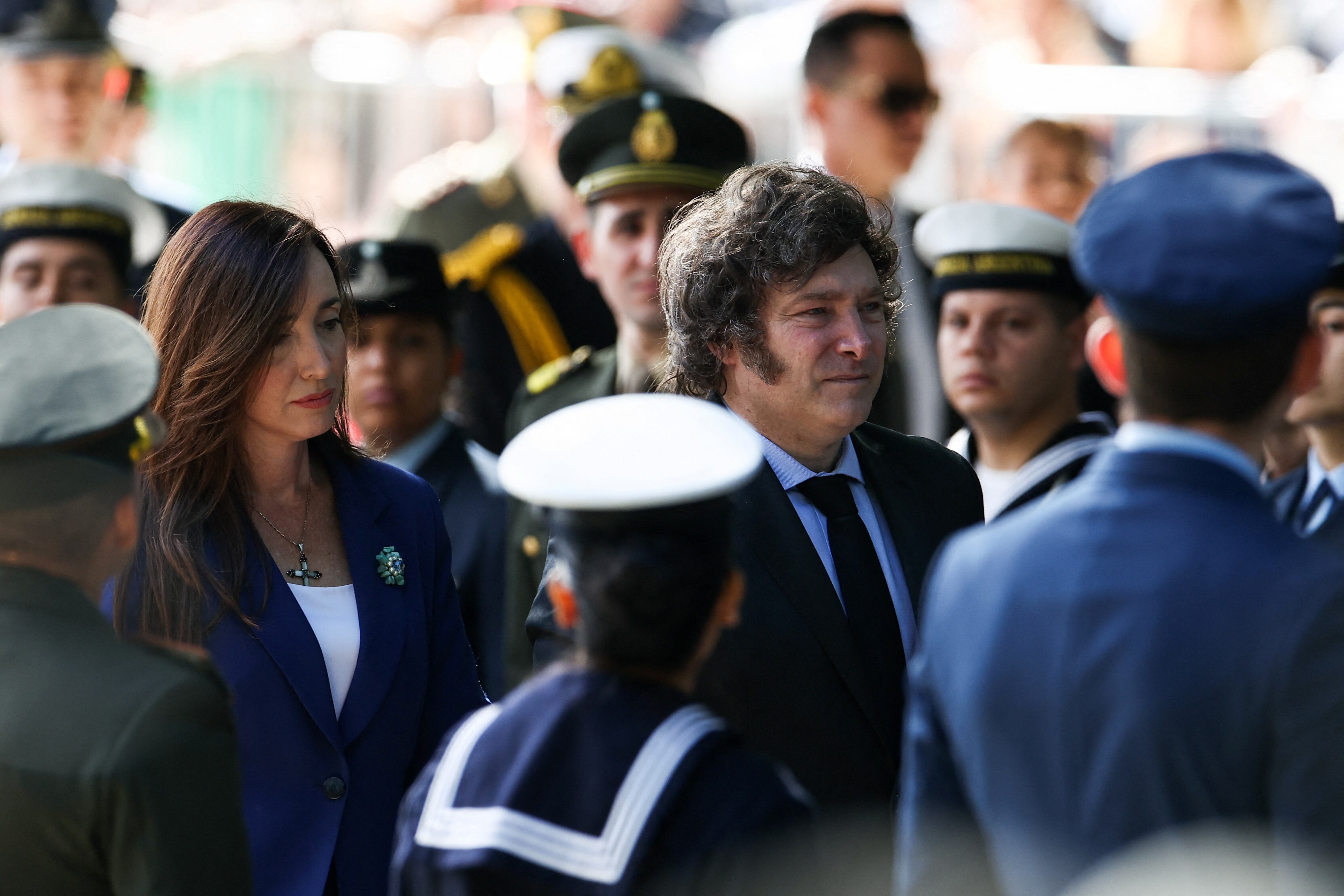 Victoria Villarruel y Javier Milei durante el acto homenaje a los caídos en la Guerra de Malvinas. Foto: REUTERS/Agustin Marcarian