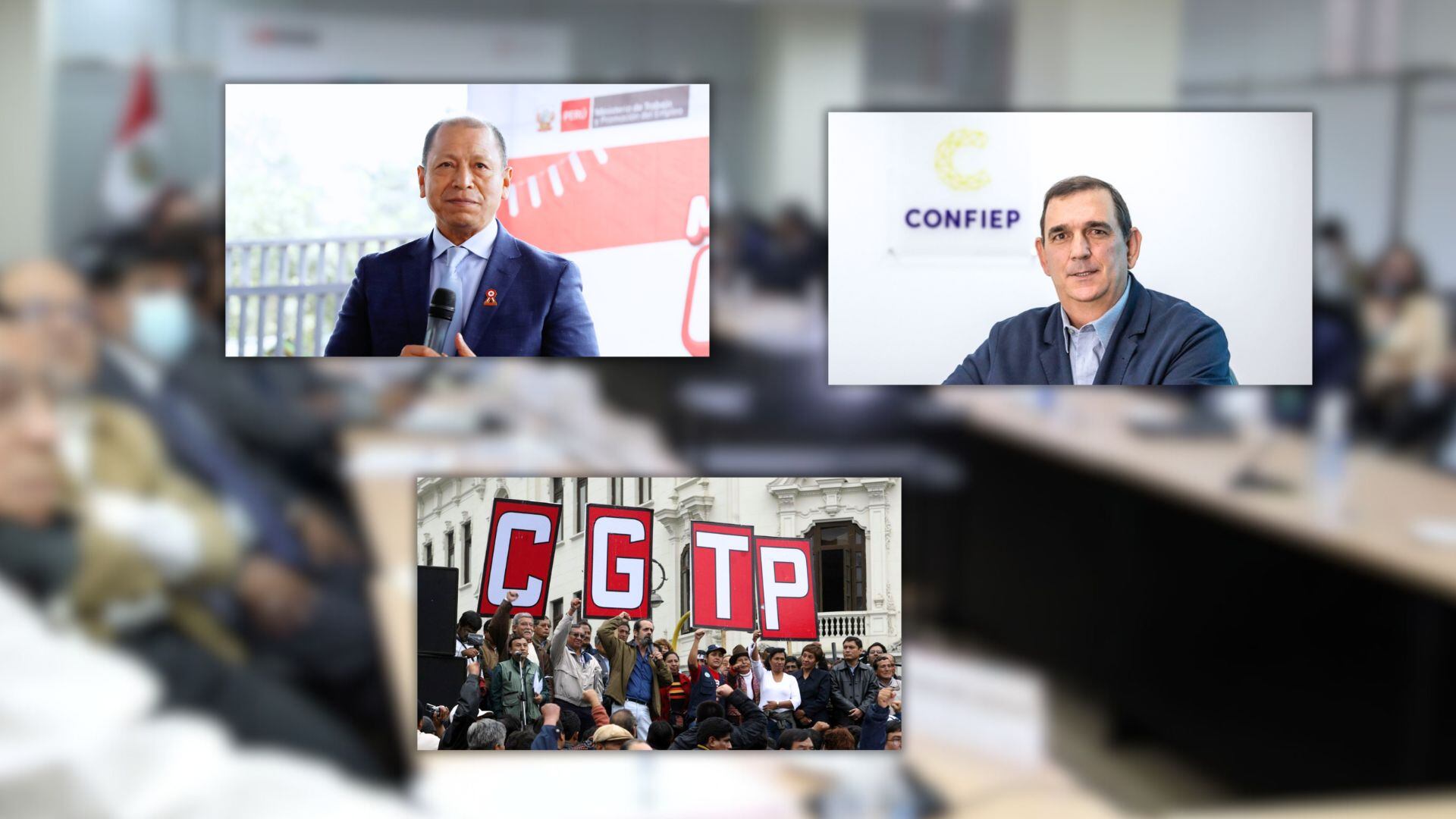 ministro de trabajo Daniel Maurate, presidente de la Confiep Alfonso Bustamente y la movilización de la CGTP en frente del Consejo Nacional del Trabajo